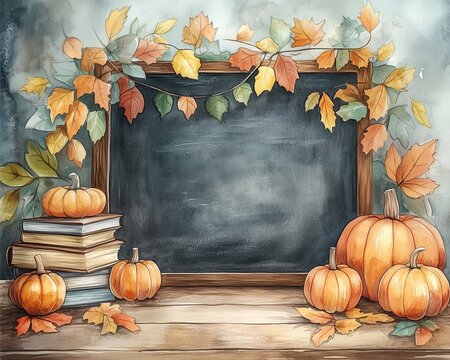 watercolor back to school autumn leaves theme with chalkboard, pumpkins, and leaf garlands in a warm rustic setting