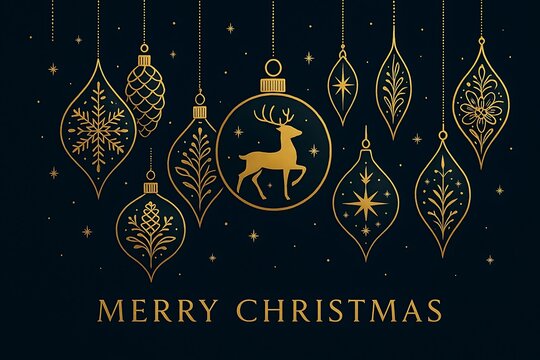 Elegant gold christmas ornaments with a reindeer in a bauble hang against a dark background