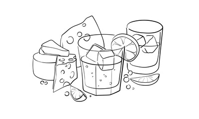 Alcoholic glasses with sliced cheese, continious line drawing. Cheese and lime outline. Vector illustration