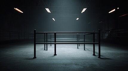 Dark industrial space with metal railings and lighting