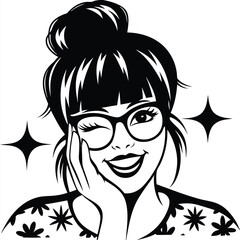 Winking woman with a bun wearing eyeglasses and a floral shirt radiates positive energy