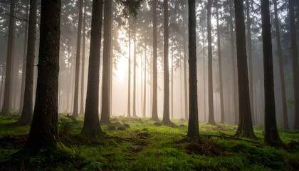 Obraz premium Sunlight filters through misty forest