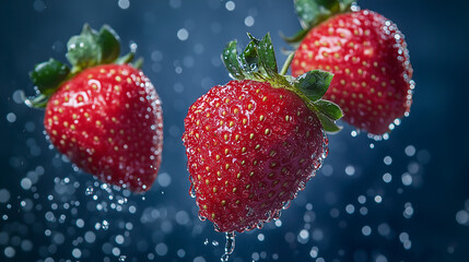 Photo of fresh strawberries covered with water drops. Dark blue uniform background.