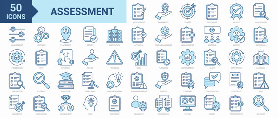 Assessment icon collection set. Containing guarantee, target, checklist, validity, conclusion, evaluation, objective, quality, standard, strategy, result, verification, audit icon. Simple blue vector