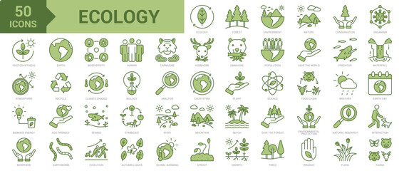 Ecology icon collection set. Containing forest, environment, nature, conservation, recycle, organism, photosynthesis, biomass energy, biosphere, earth, biodiversity, ecology icon. Simple green vector