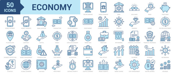 Economy icon collection set. Containing online banking, mobile banking, bank, gold bars, wage, piggy bank, mobile payment, placeholder, payment protection, money, fintech icon. Simple blue vector