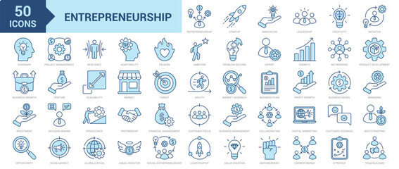 Entrepreneurship icon collection set. Containing innovation, leadership, creativity, initiative, visionary, business, agility, project management, opportunity, partnership icon. Simple blue vector