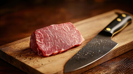 Raw marbled beef steak on wooden cutting board with chef knife and coarse salt ready for cooking