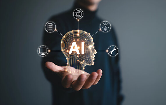 Futuristic concept of Artificial Intelligence with a glowing digital brain in hand