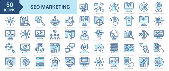 SEO Marketing icon collection set. Containing SEO, marketing, analytics, SEO tag, web development, target audience, PageRank, networking, algorithm, keyword, web security icon. Simple blue vector