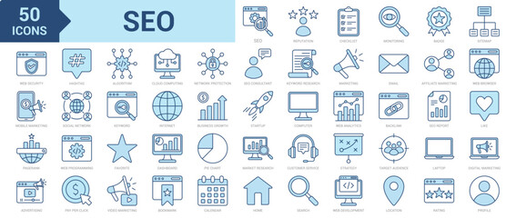 SEO icon collection set. Containing reputation, checklist, SEO monitoring, badge, sitemap, web security, mobile marketing, PageRank, advertising icon. Simple blue vector