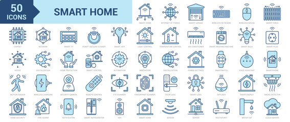 Smart Home icon collection set. Containing internet of things, innovation, door lock, smart key, home protection, smart fence, smart lock, technology, sensor, automation icon. Simple blue vector