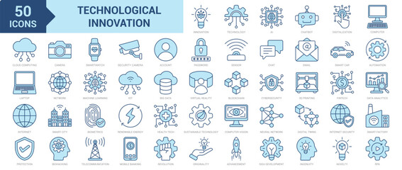Technological Innovation icon collection set. Containing innovation, technology, AI, automation, IoT, sustainable technology, blockchain, smart factory, fintech, smart city icon. Simple blue vector