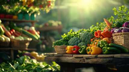 Fresh colorful vegetables including broccoli, bell pepper, cucumber, and carrot arranged on rustic wooden table with sunlight in market setting