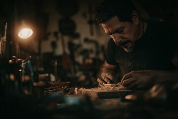 Craftsman meticulously carving wood in a dimly lit workshop during early evening hours