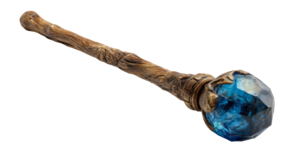 Handmade enchanted wand with beautiful deep-blue crystal embedded into twisted natural wood on transparent background
