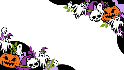 Cute Halloween with Leaves, Ghosts, and Witch. Perfect for Halloween party, invitations, social media, or printable decorations. Fun Halloween frame with a mix of spooky and cute elements.