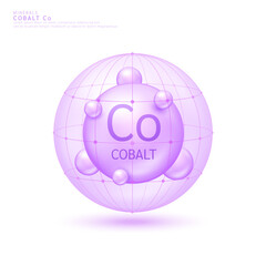 Cobalt minerals ball purple in dome on white background. Vitamins complex. Used for design cosmetic or dietary supplement products. 3D vector.