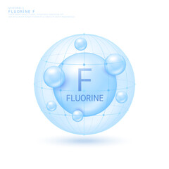 Fluorine minerals ball blue in dome on white background. Vitamins complex. Used for design cosmetic or dietary supplement products. 3D vector.