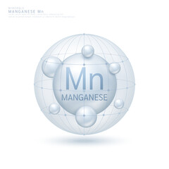 Manganese minerals ball grey in dome on white background. Vitamins complex. Used for design cosmetic or dietary supplement products. 3D vector.
