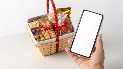 Beautiful Rakhi Gift Hamper With Sweets And Dry Fruits Presented With A Mobile Phone On A White Background
