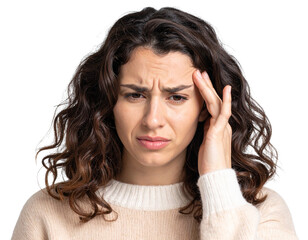 Young Woman with Brown Curly Hair Holding Forehead in Confusion, Transparent Background PNG