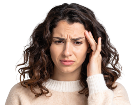  Young Woman with Brown Curly Hair Holding Forehead in Confusion, Transparent Background PNG - Powered by Adobe