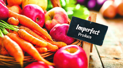 Imperfect produce sign with fresh carrots and apples in basket on rustic wooden table, natural healthy food concept