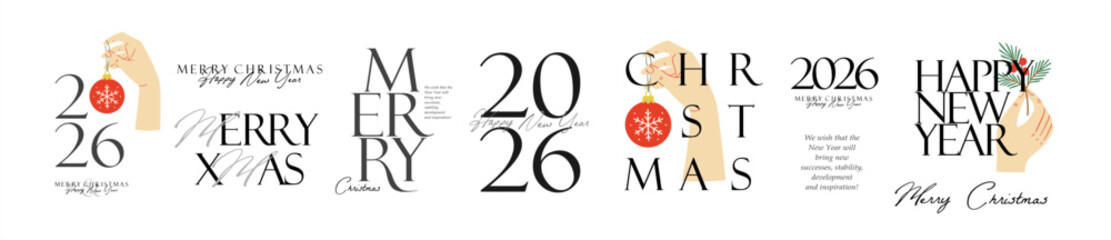 2026. Merry Christmas and Happy New Year! Vector illustration of holiday greetings in the form of logo, typography, calligraphy and lettering, drawing of a hand holding a tree Christmas toy for card © Ardea-studio