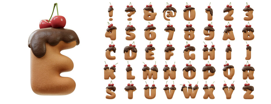 3D Font.Chocolate Biscuit Donut Font Concept. Isometric Alphabet. Numbers And Letters. 3d rendering isolated on white background