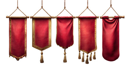 Medieval red flags, hanging royal banners with gold border. Blank cloth pennants, vintage vertical fabric flags isolated on transparent background, vector realistic set