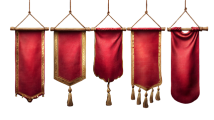 Medieval red flags, hanging royal banners with gold border. Blank cloth pennants, vintage vertical fabric flags isolated on transparent background, vector realistic set