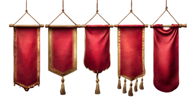 Medieval red flags, hanging royal banners with gold border. Blank cloth pennants, vintage vertical fabric flags isolated on transparent background, vector realistic set