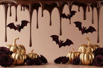 Elegant Halloween Seamless Background with Melted Chocolate drips, Golden Pumpkins, Dark Roses, and Velvet Bats, Luxury Theme”