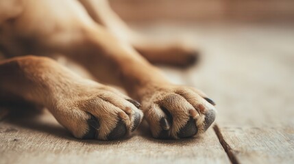 Obraz premium Close-up view of a puppy's paws on a wooden floor.
