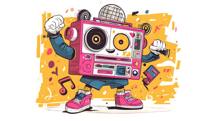 Retro music character for party illustration. Cartoon cute disco ball, radio and cassette dance element. 90s vintage fun groovy style mascot. Comic rave loudspeaker invite to show event in pub set