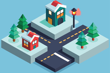 Fototapeta premium Isometric Snow Town with Trees and Ice Skating Pond