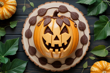 Top View of a Carved Pumpkin-Themed Cake Placed on a Wooden Rustic Plate, Decorated with Chocolate Leaves and Vines. Full Overhead flat lay.
