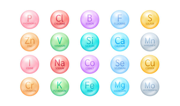 Minerals ball collection on white background. Vitamins complex. Used for design cosmetic or dietary supplement products. 3D vector.