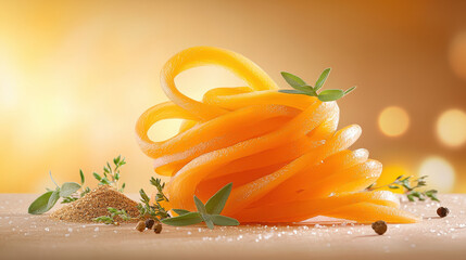 Orange pasta nest with fresh herbs and spices on wooden surface with warm bokeh background, evoking cozy and inviting atmosphere