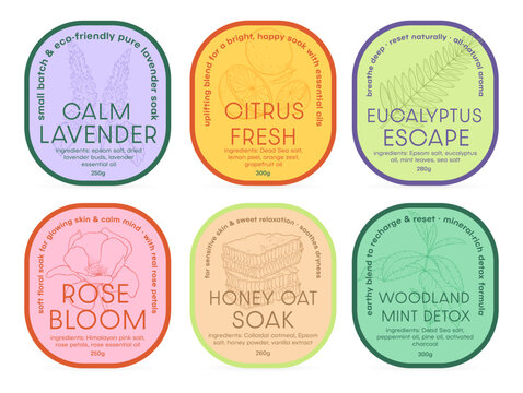 A set of bath labels showcasing natural scents and ingredients that promote relaxation. Each label highlights its purpose and composition for rejuvenating baths.