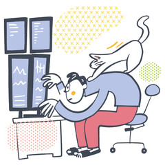 ペットとの生活　トレーダーの背中に乗る猫　テレワークのリアル　ストックイラスト素材
