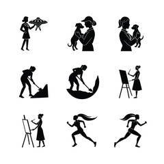 Obraz premium Set of Women in Various Activities Silhouettes