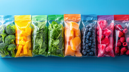 Frozen vegetables and fruits in clear resealable bags arranged in row on blue background, showing vibrant colors and freshness