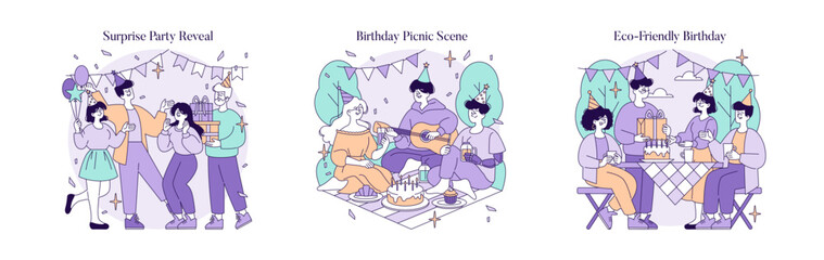 Birthday Celebration Vector Illustrations with Party Scenes