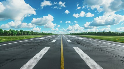 Fototapeta premium A wide, empty asphalt runway stretches into a bright blue sky, flanked by lush green fields and fluffy clouds, evoking a sense of freedom and adventure.