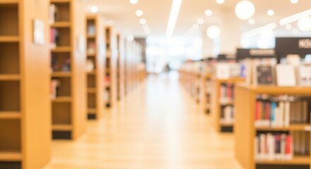 Fototapeta premium Indoor View of a Large Modern Library With Rows of Bookshelves and Natural Light
