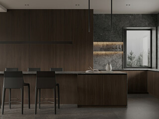 Sleek modern kitchen with dark wood cabinetry, marble backsplash, and minimalist island. Designed with clean lines, ambient lighting, and contemporary finishes in a luxury home setting.