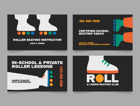 A business card template promoting roller skating instruction services, featuring information about lessons, coaching, and confidence building.