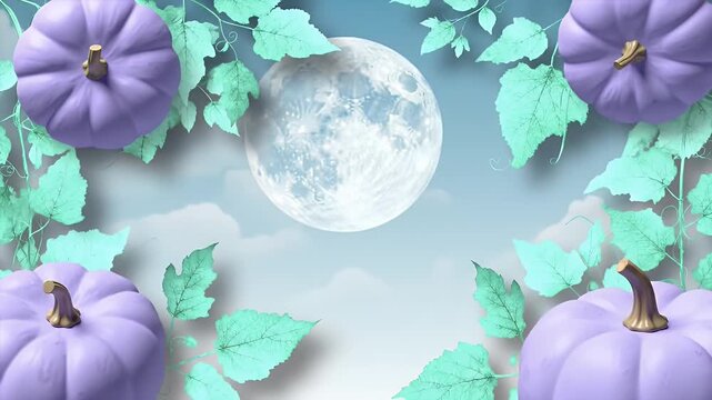 Surreal autumn dreamscape featuring pastel purple pumpkins and mint green leaves that create a natural frame around a luminous full moon.